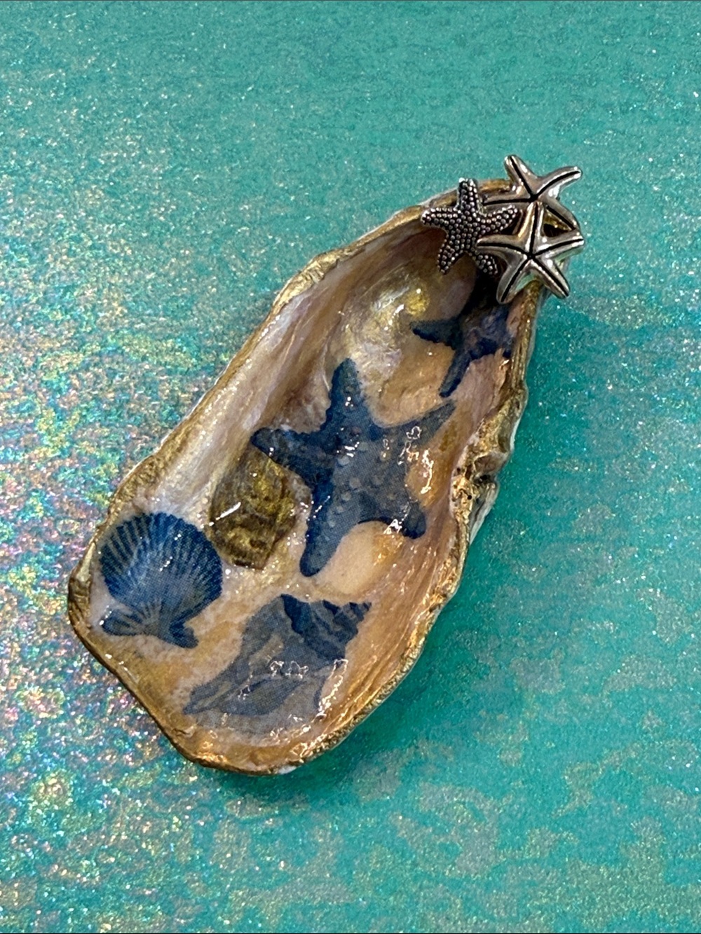 Handmade Oyster Shell Trinket Dish with Blue Starfish Design